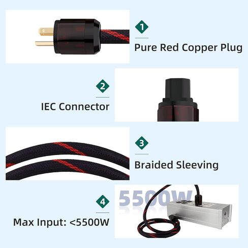 كابل طاقة صوت Monosaudio 12AWG HiFi من النحاس النقي عالي النقاء OFC Audiophile سلك طاقة مطلي بالذهب قابس 125 فولت 15 أمبير كابل طاقة مجدول HiFi لمكبر الصوت، والفرعي، والقرص الدوار، والأمبير، وDAC (6.6 قدم/2 متر) in Saudi Arabia