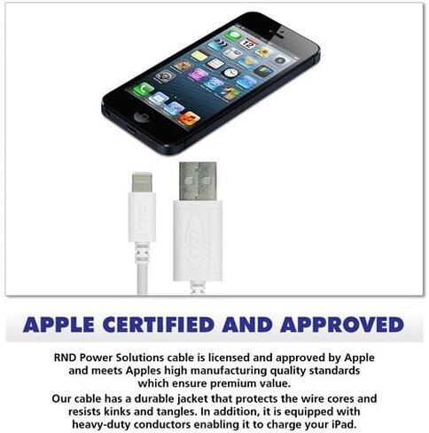 كابل USB لايتنينج معتمد من RND Apple 6 أقدام لهاتف iPhone (11 و11 Pro و11 Pro Max, XS, XS Max, XR, X, 8 Plus، 7 Plus، 6, 6 Plus، 6S, 6S Plus) iPad (برو، Air, Mini) وiPod (6 أقدام/1.8 M/أسود) in Kuwait