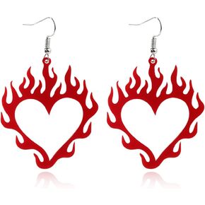 ANXIN Punk Retro Acrylic Hollow Heart Flame Pendant Earrings Unique Exaggerated Personality Hip Hop Style Red Flame Heart Earrings Women's Girl Friends Jewelry Gifts in Kuwait