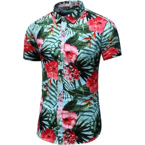 LEFTGU Men's Slim fit Floral Printed Beach Hawaiian Button-Down Dress Shirt