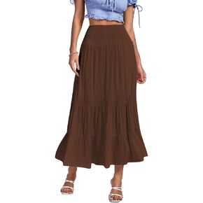 Umenlele Women's Casual Elastic High Waist A-line Tiered Ruffle Flounce Midi Long Skirt