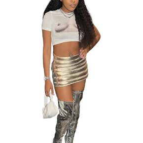 Womens Sexy Silver Metallic Puffer Skirt Bubble Shiny Warm Quilted Y2K Mini Skirts