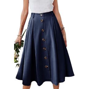 HERBATOMIA Pleated A-line Midi Skirt Elastic Waist Button Front Casual Flared Long Skirts with Pocket for Women in Kuwait