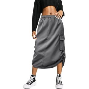 FARORO Y2k Cargo Long Skirts for Women Trendy - High Waisted Vintage Slit Midi Skirt with Flap Pockets