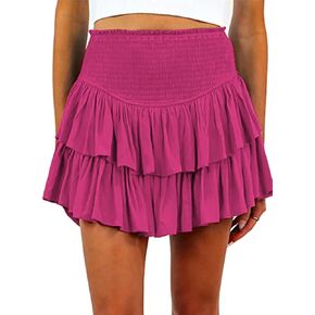 Hilomirics Women Mini Skirts Smocked A Line Flared Ruffle Hem Casual Short Skirt Shorts