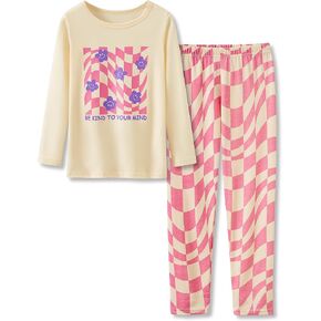 Beezizac Pajamas for Girls 2-Piece Marble/Checker/Cat/Panda Print Long Sleeves Shirt & Pants PJ Set Jammies Size 4T-18
