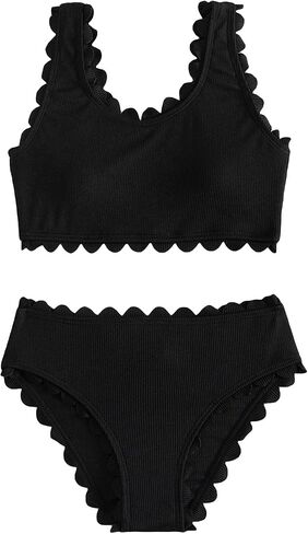 Cozyease Girls' Plain 2 Piece Swimsuit Scallop Trim Scoop Neck Sleeveless Bikini Set in Saudi Arabia