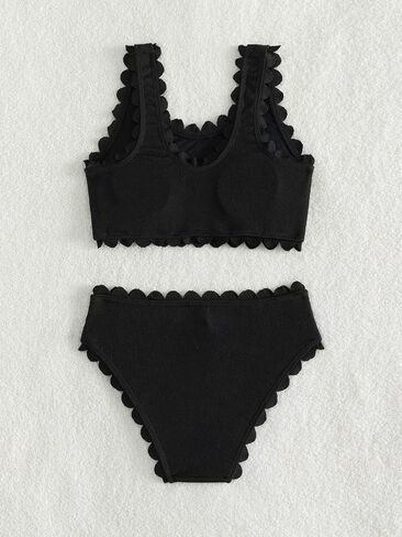Cozyease Girls' Plain 2 Piece Swimsuit Scallop Trim Scoop Neck Sleeveless Bikini Set in Saudi Arabia