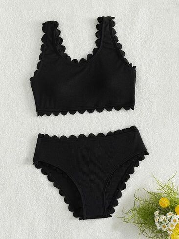 Cozyease Girls' Plain 2 Piece Swimsuit Scallop Trim Scoop Neck Sleeveless Bikini Set in Saudi Arabia