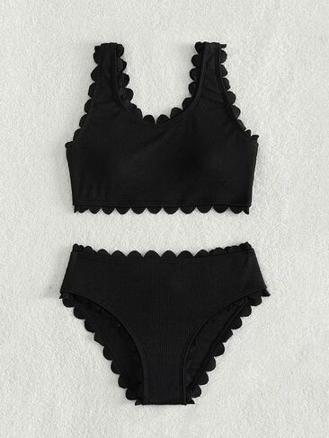 Cozyease Girls' Plain 2 Piece Swimsuit Scallop Trim Scoop Neck Sleeveless Bikini Set in Saudi Arabia