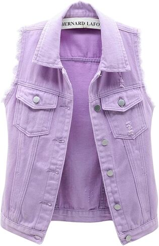 loveimgs Women's Fashion Sleeveless Regular Fit Lightweight Button Front Candy Color Ripped Denim Vest Jacket Pockets in Kuwait