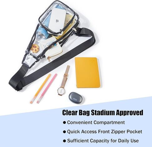حقيبة ظهر Vikcnitor Clear Sling، معتمدة من استاد الحقيبة الشفافة، حقيبة نهارية شفافة على الصدر للحفلات الموسيقية والتمرين والاستاد، باللون الأسود in Kuwait
