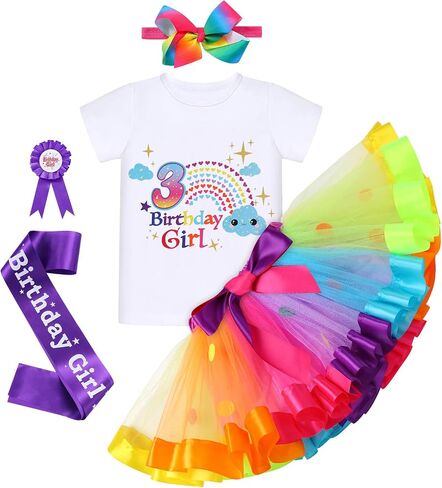 ODASDO Baby Girl Toddler Kids Boho Rainbow Birthday Cake Smash Outfit Romper Tutu Skirt Headband Badge Sash Set in Kuwait