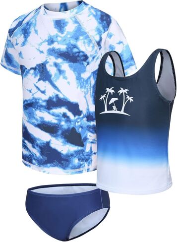 Girls 3 Piece Rash Guard Swimsuits Set for Girls Short Sleeve Bathing Suits Hawaiian Swim Set  3-16 Years in Kuwait