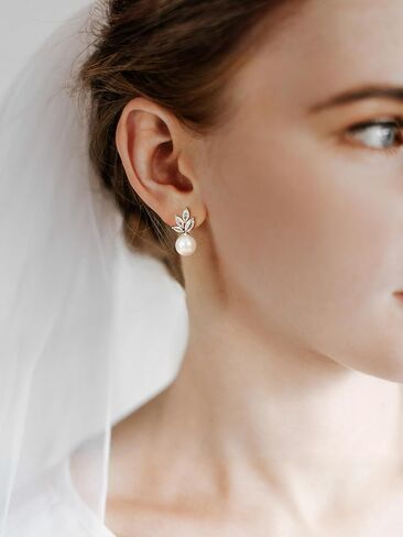 SWEETV Cubic Zirconia Pearl Drop Wedding Earrings for Brides, Ivory Bridal Pearl Earrings for Bridesmaid Jewelry Gift in Kuwait