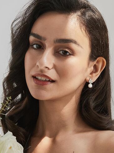 SWEETV Cubic Zirconia Pearl Drop Wedding Earrings for Brides, Ivory Bridal Pearl Earrings for Bridesmaid Jewelry Gift in Kuwait