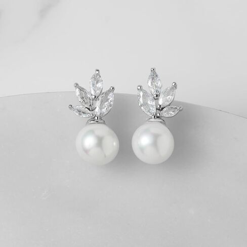 SWEETV Cubic Zirconia Pearl Drop Wedding Earrings for Brides, Ivory Bridal Pearl Earrings for Bridesmaid Jewelry Gift in Kuwait