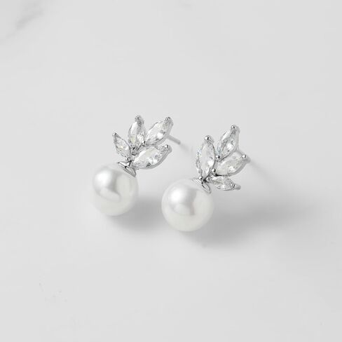 SWEETV Cubic Zirconia Pearl Drop Wedding Earrings for Brides, Ivory Bridal Pearl Earrings for Bridesmaid Jewelry Gift in Kuwait