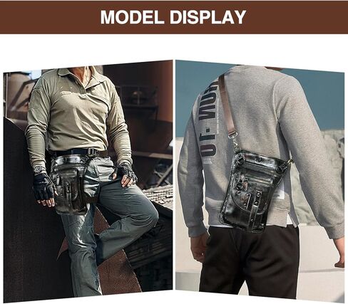 Handadsume قماش مقاوم للماء + جلد دراجة نارية للسفر فاني الخصر حزمة قطرة الفخذ الساق حقيبة الحقيبة للرجال النساء FB2141 (100٪ جلد طبيعي - قهوة) in Kuwait