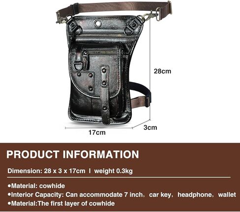 Handadsume قماش مقاوم للماء + جلد دراجة نارية للسفر فاني الخصر حزمة قطرة الفخذ الساق حقيبة الحقيبة للرجال النساء FB2141 (100٪ جلد طبيعي - قهوة) in Kuwait