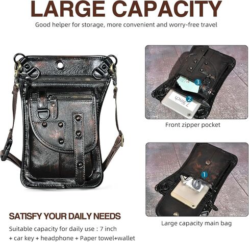 Handadsume قماش مقاوم للماء + جلد دراجة نارية للسفر فاني الخصر حزمة قطرة الفخذ الساق حقيبة الحقيبة للرجال النساء FB2141 (100٪ جلد طبيعي - قهوة) in Kuwait