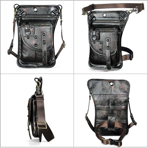 Handadsume قماش مقاوم للماء + جلد دراجة نارية للسفر فاني الخصر حزمة قطرة الفخذ الساق حقيبة الحقيبة للرجال النساء FB2141 (100٪ جلد طبيعي - قهوة) in Kuwait