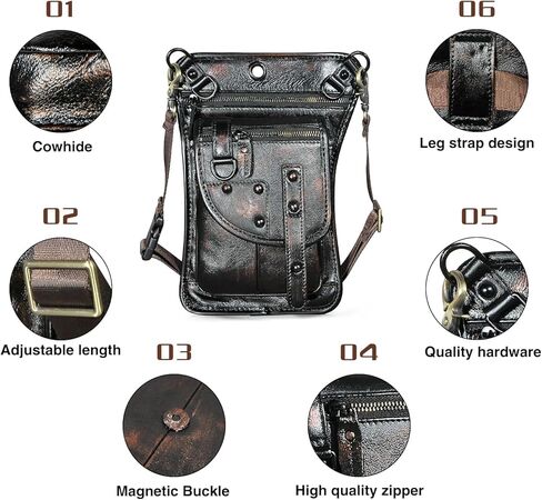 Handadsume قماش مقاوم للماء + جلد دراجة نارية للسفر فاني الخصر حزمة قطرة الفخذ الساق حقيبة الحقيبة للرجال النساء FB2141 (100٪ جلد طبيعي - قهوة) in Kuwait