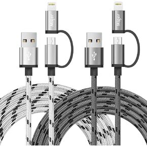ميجر كابل لايتنينج ومايكرو USB 2 في 1 معتمد من ابل بطول 10 قدم/3 متر من النايلون المضفر للمزامنة والشاحن لاجهزة ايفون وايباد وايبود وسامسونج وهاوي ونيكسس ونوكيا وسوني واتش تي سي وغيرها (رمادي وفضي) in Kuwait