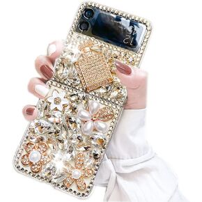 حافظة Poowear لهاتف Samsung Galaxy Z Flip 4 5G، حافظة فاخرة مصنوعة يدويًا من حجر الراين والكريستال والماس اللامع الناعم من مادة TPU للنساء والفتيات مع Galaxy Z Flip 4 5G (2022) in Saudi Arabia