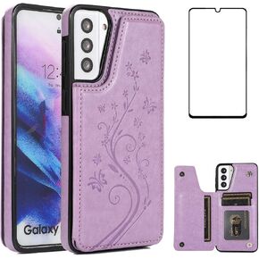 Phone Case for Samsung Galaxy S21 Glaxay S 21 5G 6.2 inch with Tempered Glass Screen Protector and Card Holder Wallet Cover Stand Flip Leather Cell Accessories Gaxaly 21S G5 Cases Women Men Blue in Kuwait