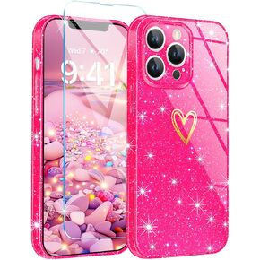 Qviskteme for iPhone 13 Pro Max Case,with [1 x Tempered Glass Screen Protector] Clear Glitter Phone Case Shockproof Protective Silicone Cover Plating Love Heart for Women Girls (Lime Green) in Saudi Arabia