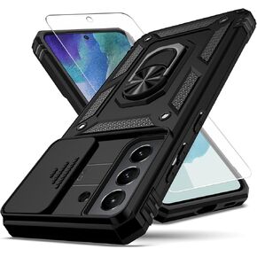 حافظة YZOK لهاتف Galaxy S21 FE 5G، مع غطاء عدسة الكاميرا وواقي شاشة HD، [درجة عسكرية] حامل حلقي للسيارة ومسند هجين صلب من مادة TPU الناعمة المقاومة للصدمات لهاتف Samsung Galaxy S21 FE-أحمر in Saudi Arabia