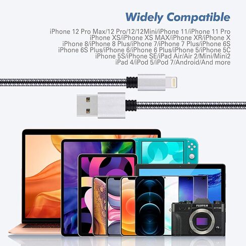شاحن Sundix iPhone، 3 عبوات كابل لايتنينج بطول 10 أقدام كابل شاحن iPhone سلك شحن مضفر من النايلون متوافق مع iPhone 14/13/12/12Pro/12ProMax/11/11Pro/11Pro MAX/XS/XS MAX/XR/X/8/8Plus/7/7Plus و اكثر in Kuwait