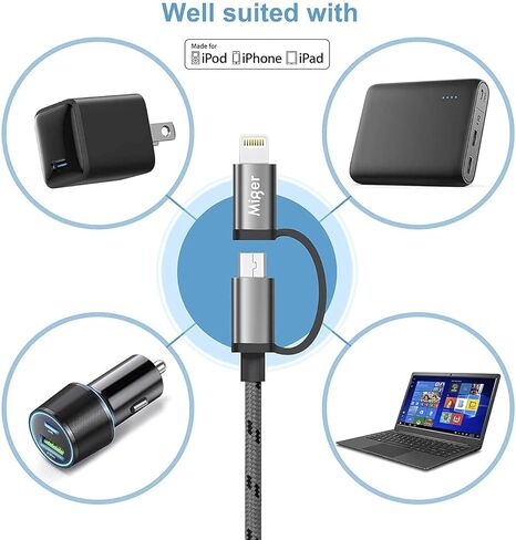 ميجر كابل لايتنينج ومايكرو USB 2 في 1 معتمد من ابل بطول 10 قدم/3 متر من النايلون المضفر للمزامنة والشاحن لاجهزة ايفون وايباد وايبود وسامسونج وهاوي ونيكسس ونوكيا وسوني واتش تي سي وغيرها (رمادي وفضي) in Kuwait