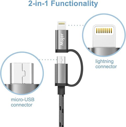 ميجر كابل لايتنينج ومايكرو USB 2 في 1 معتمد من ابل بطول 10 قدم/3 متر من النايلون المضفر للمزامنة والشاحن لاجهزة ايفون وايباد وايبود وسامسونج وهاوي ونيكسس ونوكيا وسوني واتش تي سي وغيرها (رمادي وفضي) in Kuwait