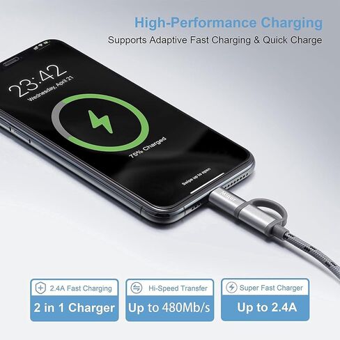 ميجر كابل لايتنينج ومايكرو USB 2 في 1 معتمد من ابل بطول 10 قدم/3 متر من النايلون المضفر للمزامنة والشاحن لاجهزة ايفون وايباد وايبود وسامسونج وهاوي ونيكسس ونوكيا وسوني واتش تي سي وغيرها (رمادي وفضي) in Kuwait