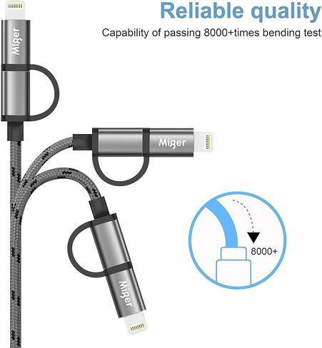 ميجر كابل لايتنينج ومايكرو USB 2 في 1 معتمد من ابل بطول 10 قدم/3 متر من النايلون المضفر للمزامنة والشاحن لاجهزة ايفون وايباد وايبود وسامسونج وهاوي ونيكسس ونوكيا وسوني واتش تي سي وغيرها (رمادي وفضي) in Kuwait