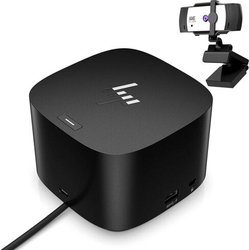 قاعدة HP Thunderbolt 4 - USB-C مزدوج، منافذ عرض مزدوجة، 4 USB-A 3.2، HDMI 2.0، RJ-45 Ethernet، شاشة 4K، متوافقة مع Win10 وأعلى، MacOS، ChromeOS، ThinPro، وLinux، أسود، مع KKE كاميرا ويب in Saudi Arabia