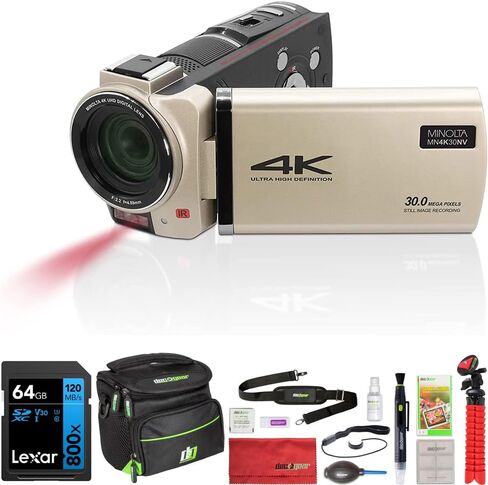 كاميرا فيديو مينولتا MN4K30NV 4K فائقة الدقة 30 ميجابكسل للرؤية الليلية، حزمة شامبانيا مع بطاقة ذاكرة SDXC سعة 64 جيجابايت من Lexar، وحقيبة كاميرا ديكو جير، ومنفاخ عدسة، وقلم عدسة، وحامل ثلاثي القوائم مقاس 12 بوصة والمزيد in Kuwait
