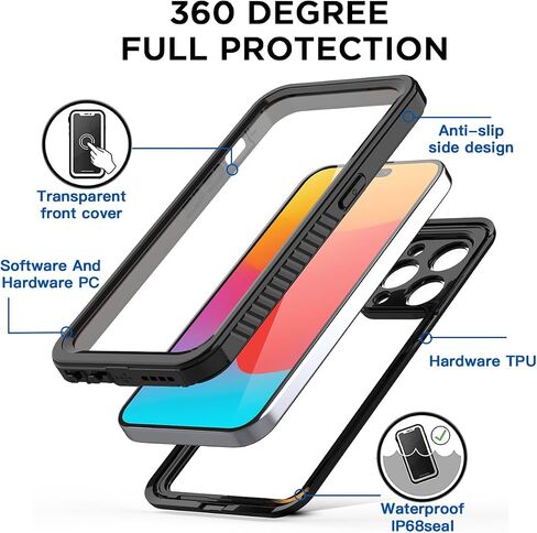 حافظة AICase لهاتف iPhone 15 Pro مقاومة للماء وواقي شاشة مدمج ومقاوم للثلوج والغبار والصدمات ومعتمد من IP68 [حقيقي 360] حماية كاملة للجسم محكمة الغلق بالكامل تحت الماء لهاتف iPhone 15 Pro 6.1" in Kuwait