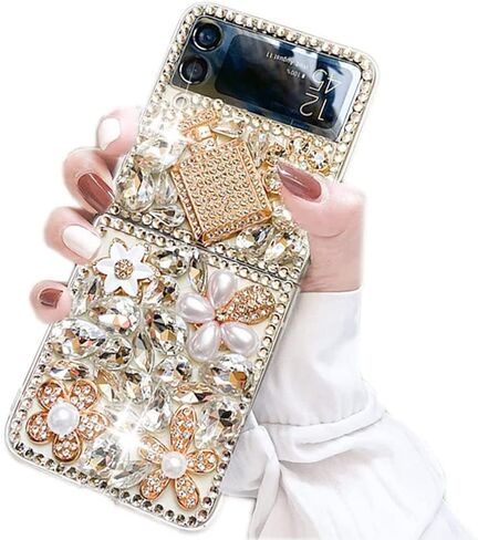حافظة Poowear لهاتف Samsung Galaxy Z Flip 4 5G، حافظة فاخرة مصنوعة يدويًا من حجر الراين والكريستال والماس اللامع الناعم من مادة TPU للنساء والفتيات مع Galaxy Z Flip 4 5G (2022) in Saudi Arabia