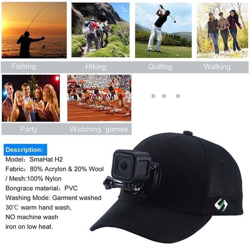Smatree Baseball Hat Mount Mesh Cap Compatible with Gopro Hero 12/11/10/9/8/7/6/5/ 5 Session/4/3+/3/2/1/DJI OSMO Action Cameras, Wool Material (L 58-60cm) Black in Saudi Arabia