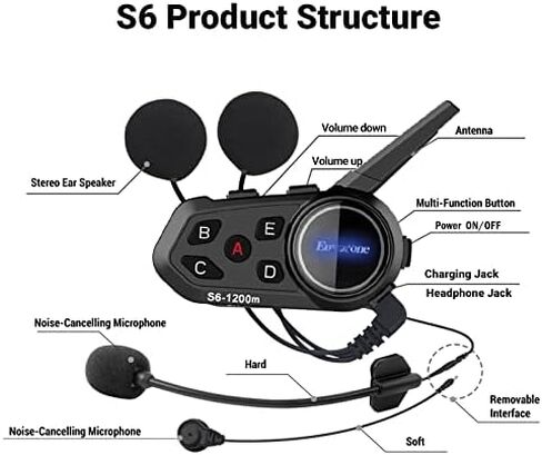 يوروفون سماعة راس S6-1200M لخوذة الدراجة النارية، نظام اتصال داخلي بلوتوث مع 1200 متر، جي بي اس، مشغل MP3 مع ميكروفون ناعم وميكروفون صلب، عبوتان in Kuwait