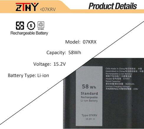 ZTHY 58Wh 07KRV استبدال بطارية الكمبيوتر المحمول Dell Latitude 5430 5530 Precision 3570 P104F P104F005 P137G P137G004 Series M69D0 H4PVC 0H4PVC Y86WG 0Y86WG 08WRCR 078FWY 4FVJG O7KRV ​​15.2V 3 625 مللي أمبير 4 خلايا in Kuwait