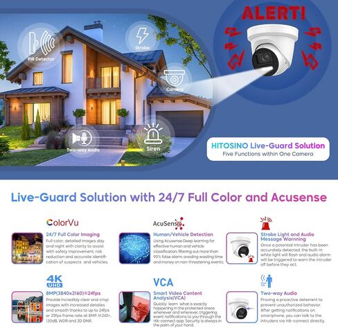 4K 8MP Color View Turret PoE IP Camera Outdoor with Smart Hybrid Light, Strobe Light & Audible Warning, AI VCA, Human/Vehicle Detection, 4K-25fps, 1/1.8" Sensor, F1.0 Aperture, 2-Way Audio, 130 dB WDR in Kuwait