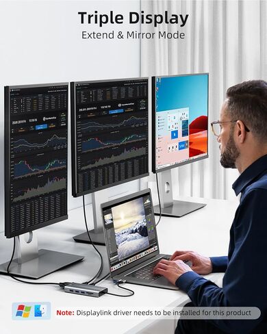 قاعدة شحن لابتوب 12 في 1، موزع USB C ثلاثي العرض، دونجل USB C مع 2 HDMI، VGA، ايثرنت، USB A 3.0/2.0، قارئ بطاقات SD/TF، ميكروفون/صوت لماك بوك/ديل/اتش بي/سيرفس/لينوفو in Kuwait