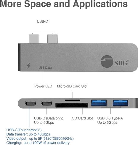 SIIG Thunderbolt 3 USB Type C Hub Adapter for 13" or 15" MacBook Pro - 5k Video Resolution, 40Gbps Data Speed - USB C Data Port, 2 USB 3.1, SD/Micro SD Card Reader Slot - Space Gray in Saudi Arabia