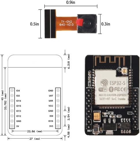 وحدة كاميرا Aokin ESP32-CAM، لوحة تطوير ESP32 واي فاي وبلوتوث مع كاميرا OV2640 2MP لاردوينو، تتضمن ESP32-CAM-MB Micro USB إلى المنفذ التسلسلي CH340C، قطعة واحدة in Kuwait