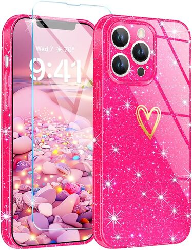 Qviskteme for iPhone 13 Pro Max Case,with [1 x Tempered Glass Screen Protector] Clear Glitter Phone Case Shockproof Protective Silicone Cover Plating Love Heart for Women Girls (Lime Green) in Saudi Arabia