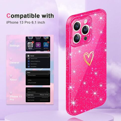 Qviskteme for iPhone 13 Pro Max Case,with [1 x Tempered Glass Screen Protector] Clear Glitter Phone Case Shockproof Protective Silicone Cover Plating Love Heart for Women Girls (Lime Green) in Saudi Arabia